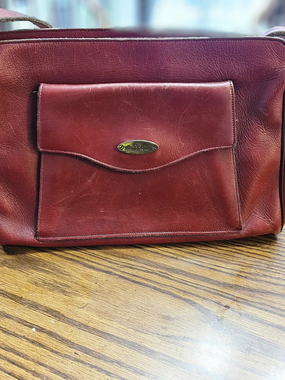 Etienne Aigner Wine Red Leather Shoulder Bag with Front Flap Pocket